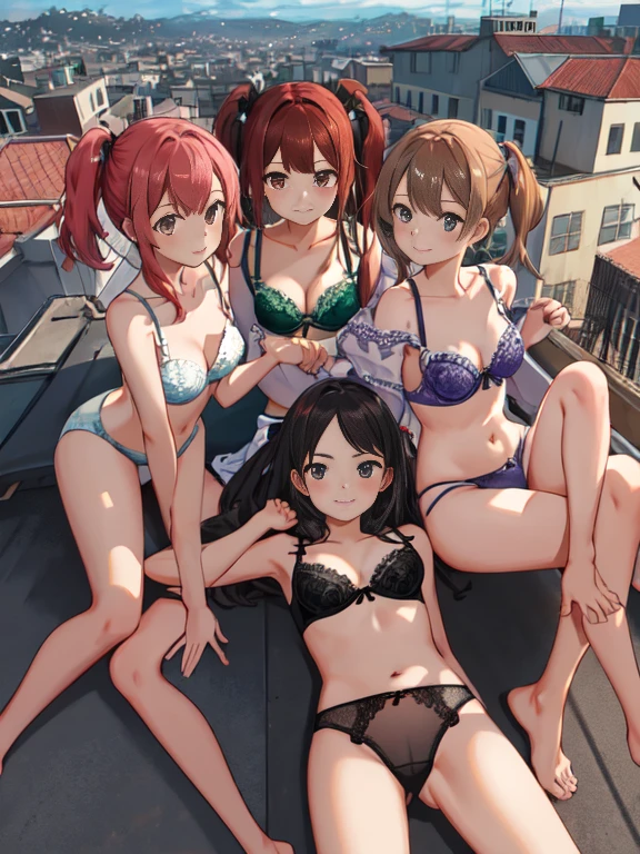 highest quality, ultra high resolution, perfect anatomy, three girls, multiple girls, , school rooftop、spread your legs, embroidery panties, embroidery bra、Front view shadow,