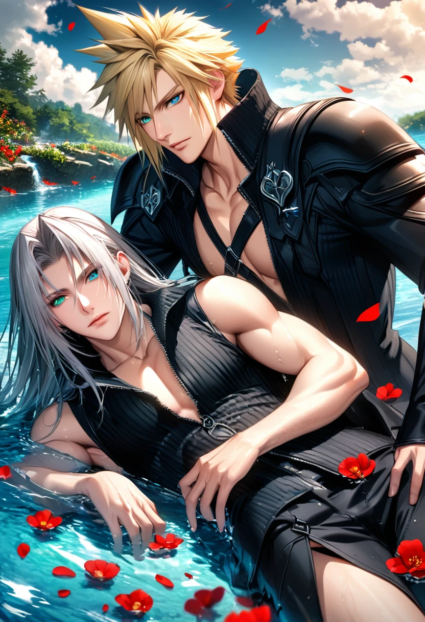 Ultra detailed, highres, absurdres, HDR, Sephiroth, grey hair, green eyes, Final Fantasy advent children, Cloud Strife, blue eyes, blonde hair, 2 gay man together, handsome, water, flowers and red petals, 