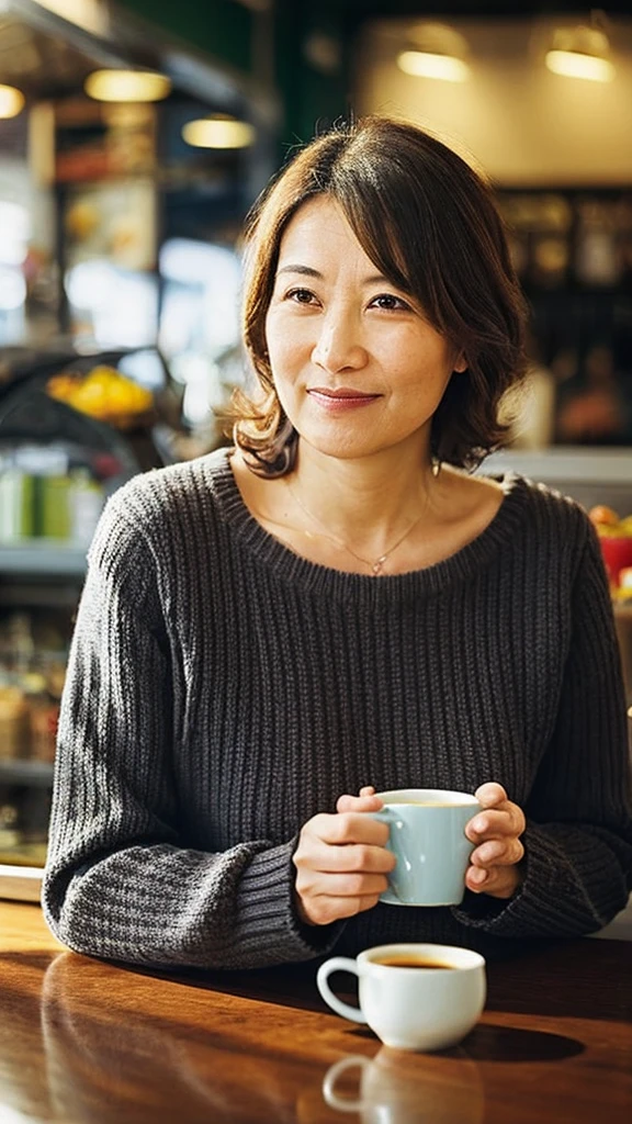Cute beautiful black hair in a sweater、 (Drinking coffee in a modern cafe at sunset), very detailed, 60 years old, sexy face, natural wavy hair、Japanese, High resolution, masterpiece,intricate details, very detailed, sharp focus, fine skin, texture, fine eyes, Professional, 4k, closed mouth smile,wrinkles around the mouth,Wrinkles at the corners of the eyes, shallow depth of field, kodak vision color, perfectly fitted body, very detailed, photograph_\(ultra\), fotorealistic, realistic, Post-processing,