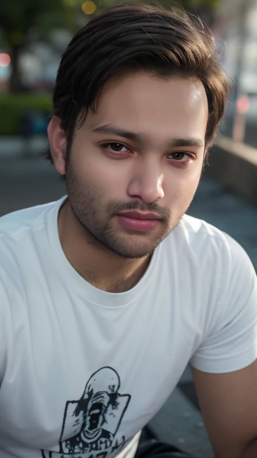 A beautiful young bearded man with highly detailed skin,8k,high res,ultra realistic, photorealism,(real life photo,realistic:1.9), (short beard on his face:1),best quality,ultra-detailed,professional,vivid colors,sharp focus,physically-based rendering,studio lighting,bokeh,portraits, wearing blue T-shirt.(looking at camera:1.2),