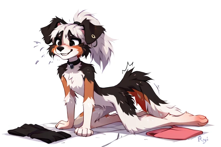 White background, ((by reysi)), Furry, ((Australian Shepard)), (solo), ((slender)), dark fur, white hair, ponytail, ((****)), ((female)), short, small breasts, (black mascara, ear ring, tight choker, short tail, embarassed, nervous, smile, shaking motion lines), (wincing), (nude, clothes on floor),