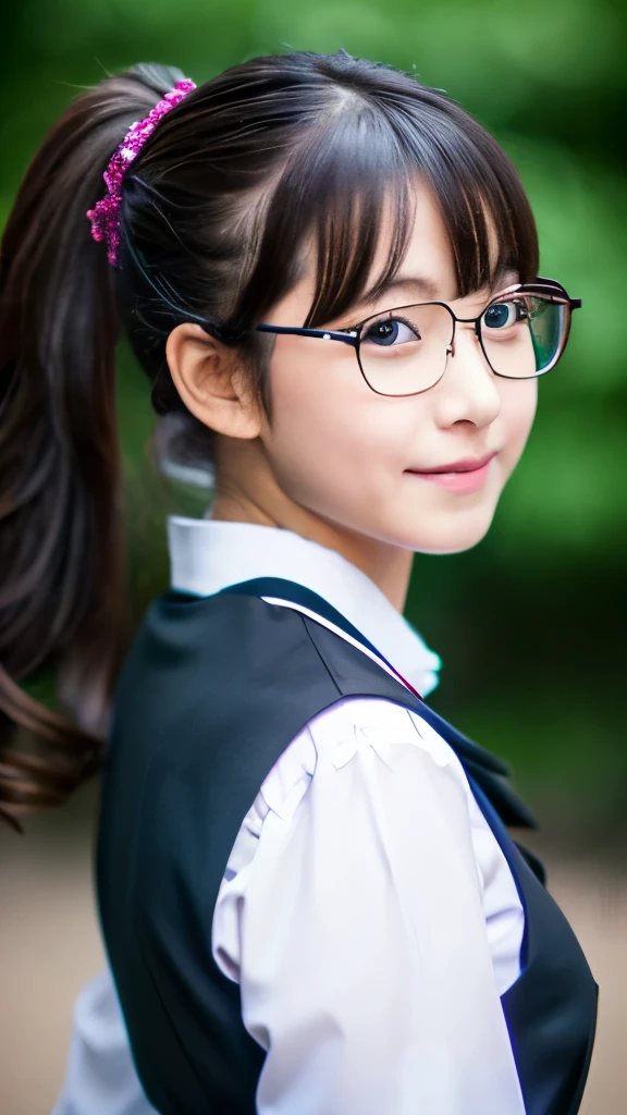 1girl,masterpiece, photorealistic, detailed, RAW color photo,(fully in frame:1.1),young,idol, cute, twintails,black outfit,hq, hdr,asian, best quality, Moa Kikuchi, MoaMetal, ponytail, glasses