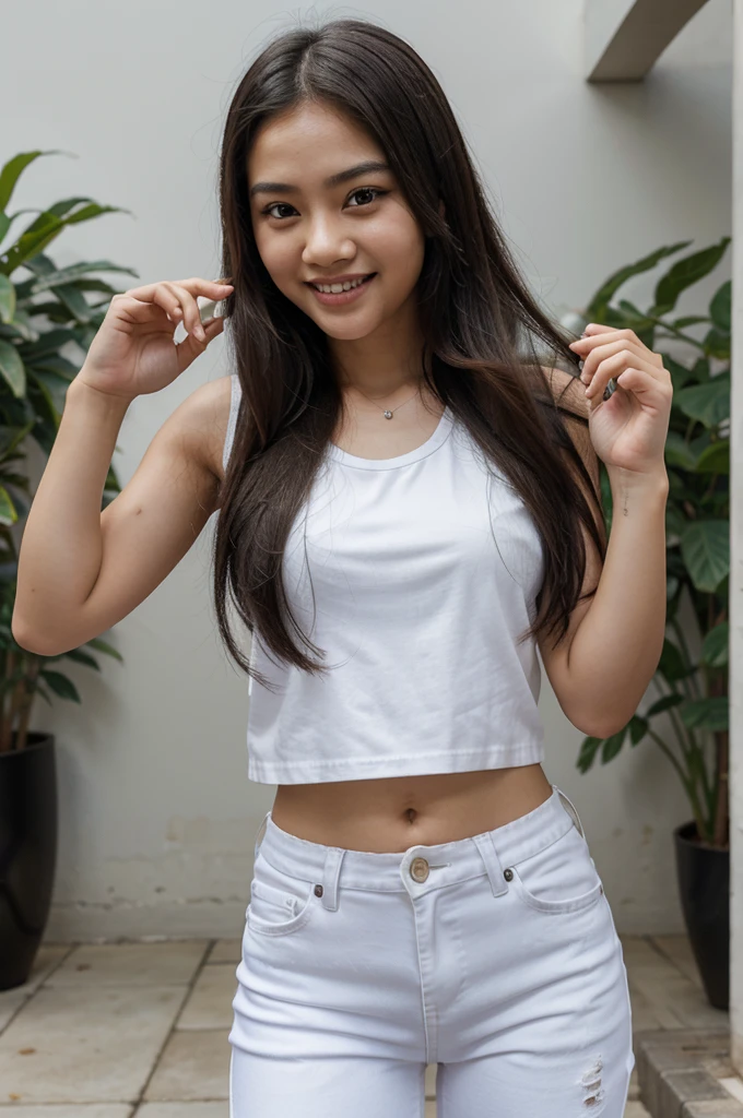 Picture of a Thai girl with long hair, big eyes, a beautiful, cheerful smile, wearing braces, an oval face, sharp eyebrows, slender, wearing a white tank top and short jeans. He raised both hands to kiss in a cheerful manner. The backdrop is a community in the heart of the city. There are clear shadows, beautiful and realistic images, AI 3D 64k.
