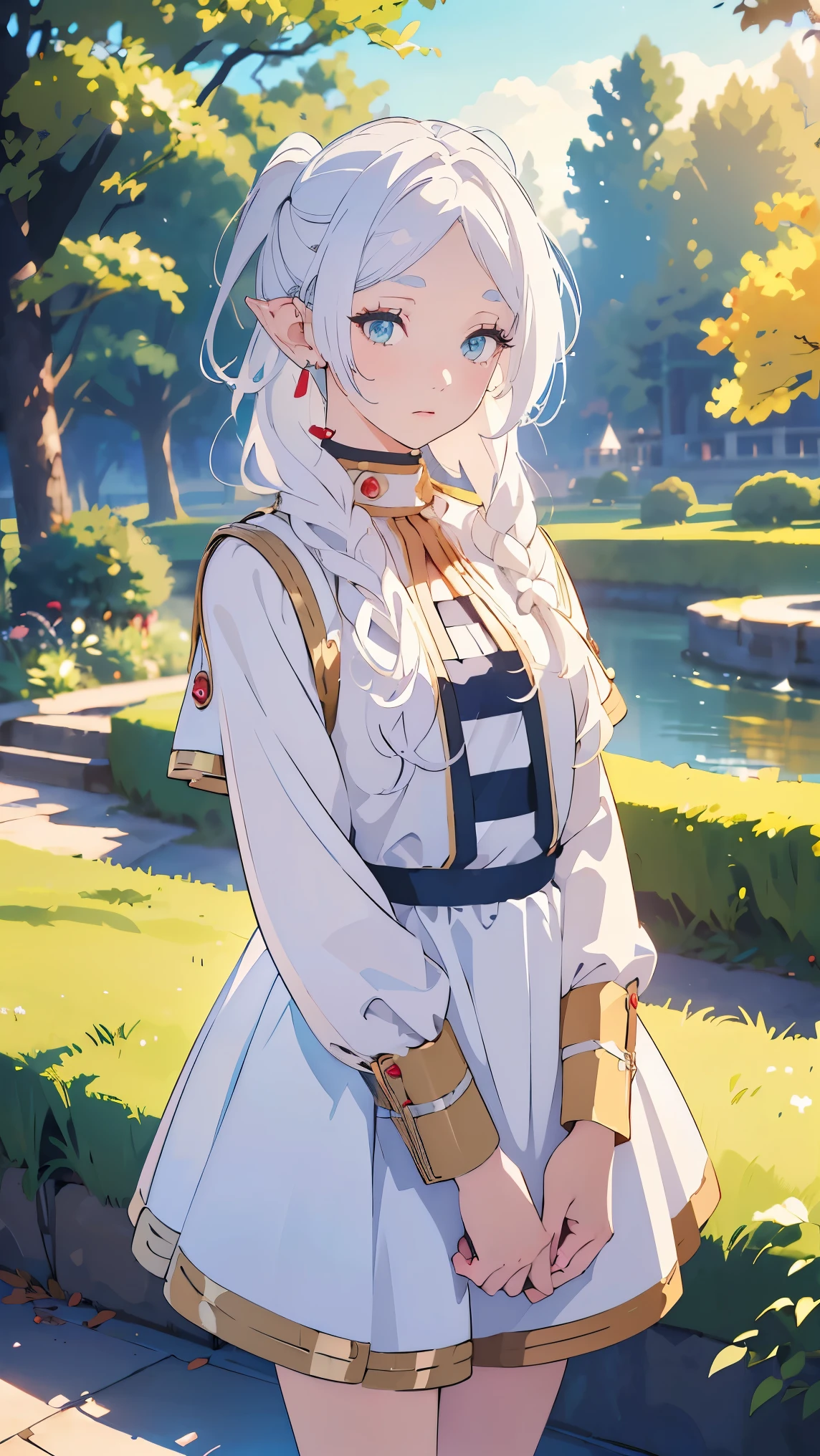 (Faerie girl1,white hair,Pale skin,Fairy ears),(Pinafore Dress),(Stand in a public park),Highly detailed ,8K wallpapers،Highest quality, high resolution, beautiful lighting, realistic shadow, high resolution،(highly detailed, detailed faces and eyes, realistic eyes,full body,Looking at the viewer,cowboy shot) 