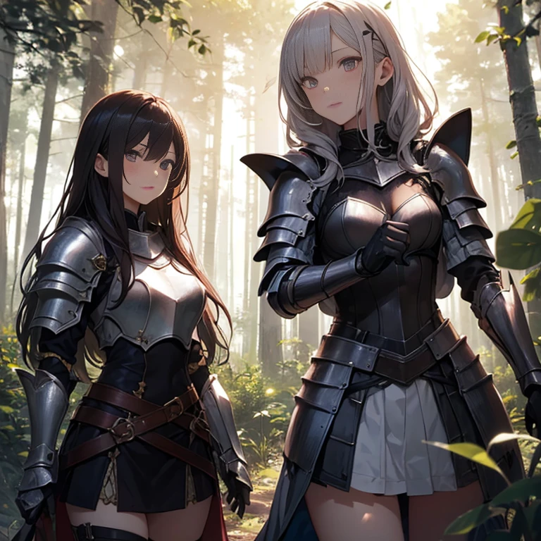 A group of young female knight, (in forest), various hair styles, harem, wearing armored clothes, metal armor, night, details face, , short skirt, seducing, sword,