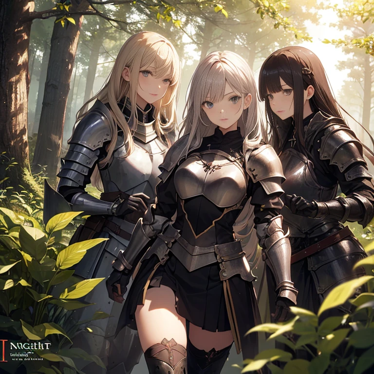 A group of female medieval fantasy adventurers, (in forest), various hair styles, harem, night, details face, short skirt, seducing, sleeveless, armor