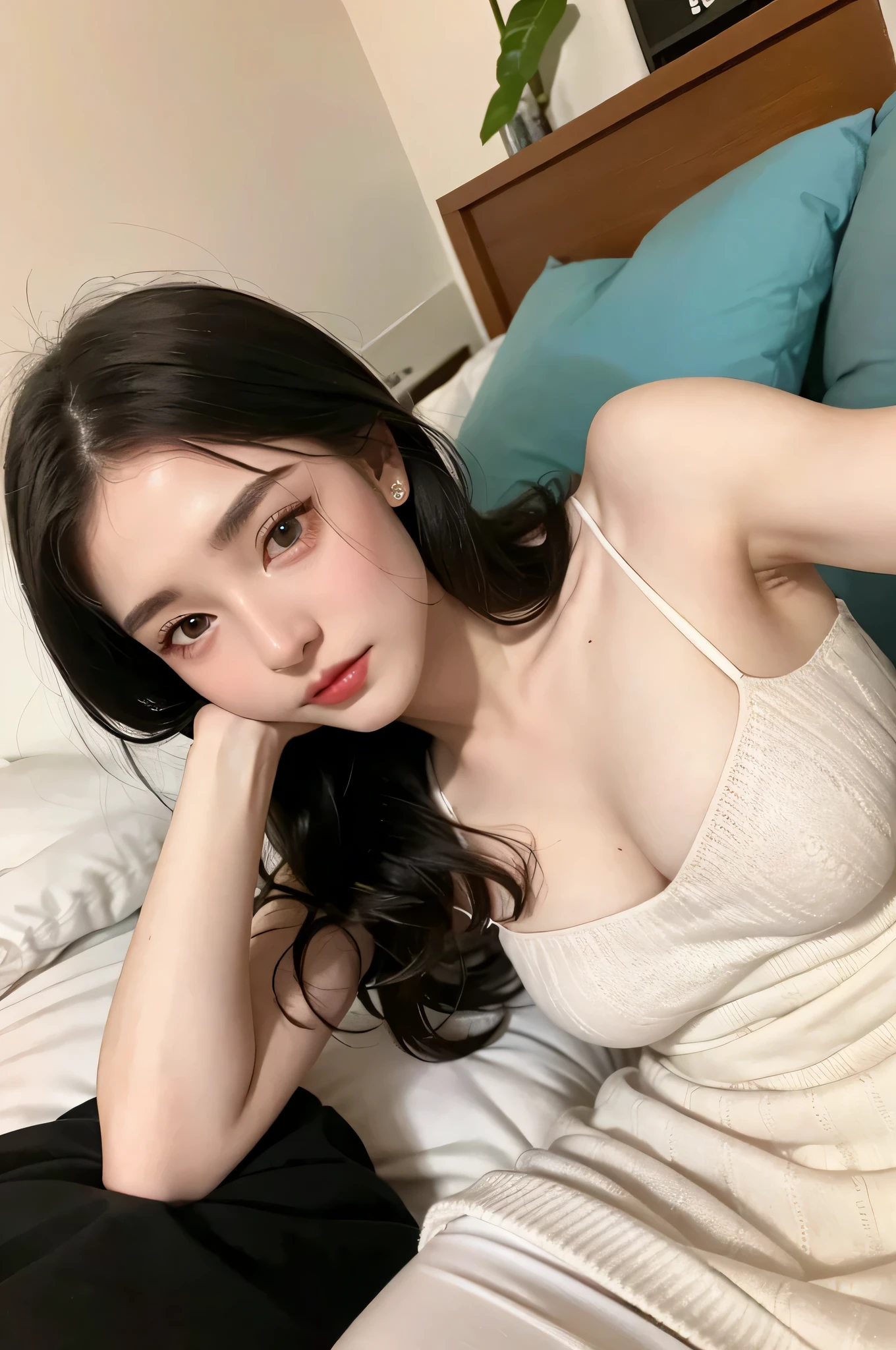 Ulchan-6500-v1.1,(Raw photo:1.2), (Photoreal), (genuine:1.4), ((pieces fly)),(very realistic, High resolution, detailed face, fine eyes), Realistic college girl in kashkul knit dress、popular hairstyles、Wearing super realistic pantyhose、lying in bed、