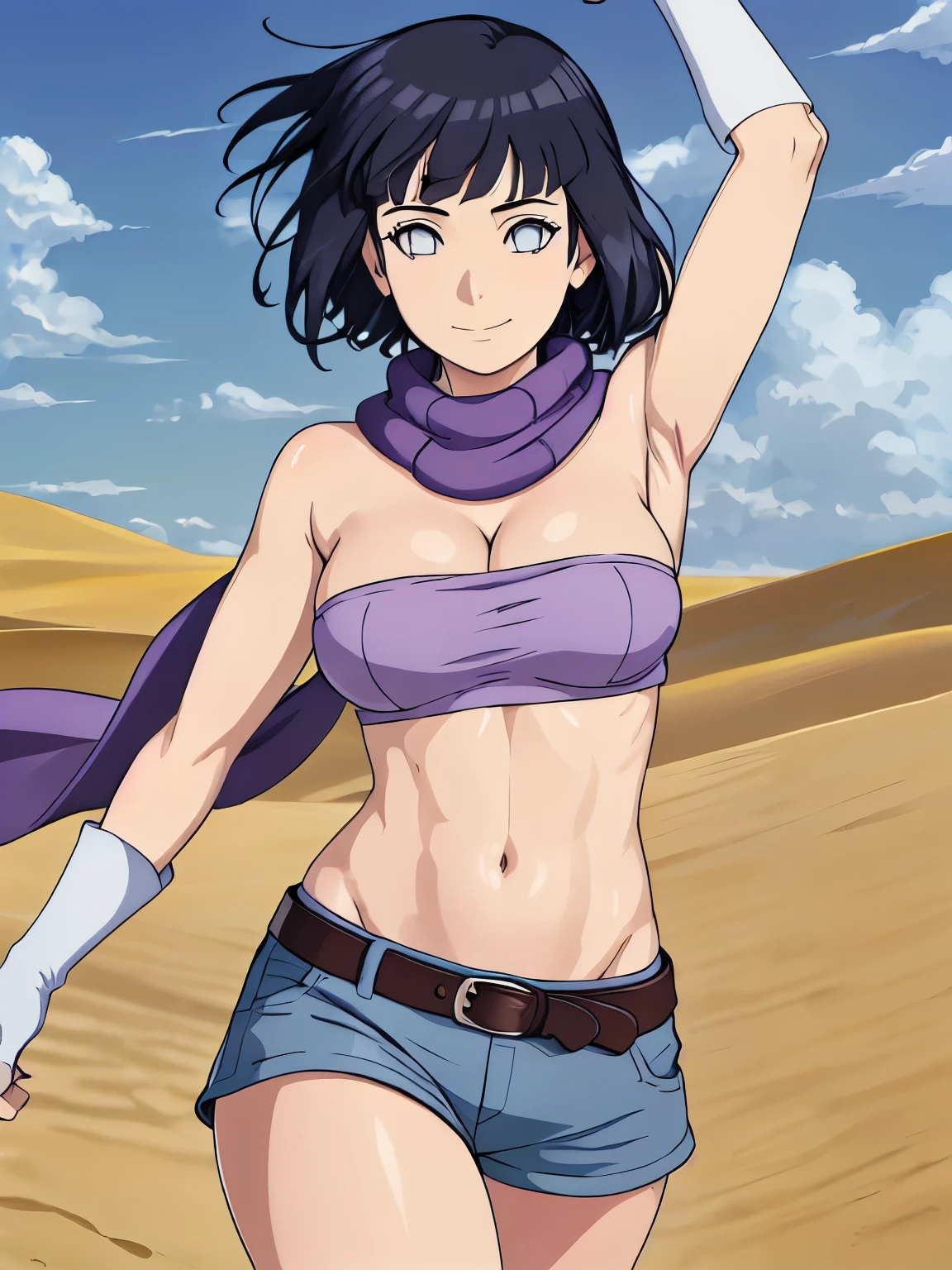 (hinata\(boruto\), (high quality, anime, tall), ((mini purple Bandeau top, tight purple Bandeau top)), ((fingerless gloves, blue shorts with belt, black scarf)), (stretching, both arms up high, (both armpits in full glory, two armpit line), curvy body, extremely slim waist, off-shoulders, big breasts, cleavage, groin lines, little biceps, smile, closed mouth), (posing in photoshoot), pale skin, ((floating hair, dark blue, short hair, hime cut، loose hair), (location: very hot desert)