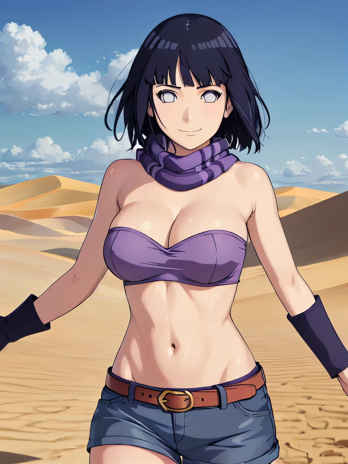 (hinata\(boruto\), (high quality, anime, tall), ((mini purple Bandeau top, tight purple Bandeau top)), ((fingerless gloves, blue shorts with belt, black scarf)), (stretching, both arms up high, (both armpits in full glory, two armpit line),  curvy body, extremely slim waist, off-shoulders, big breasts, cleavage, groin lines, little biceps, smile, closed mouth), (posing in photoshoot), pale skin, ((floating hair, dark blue, short hair, hime cut، loose hair), (location: very hot desert)
