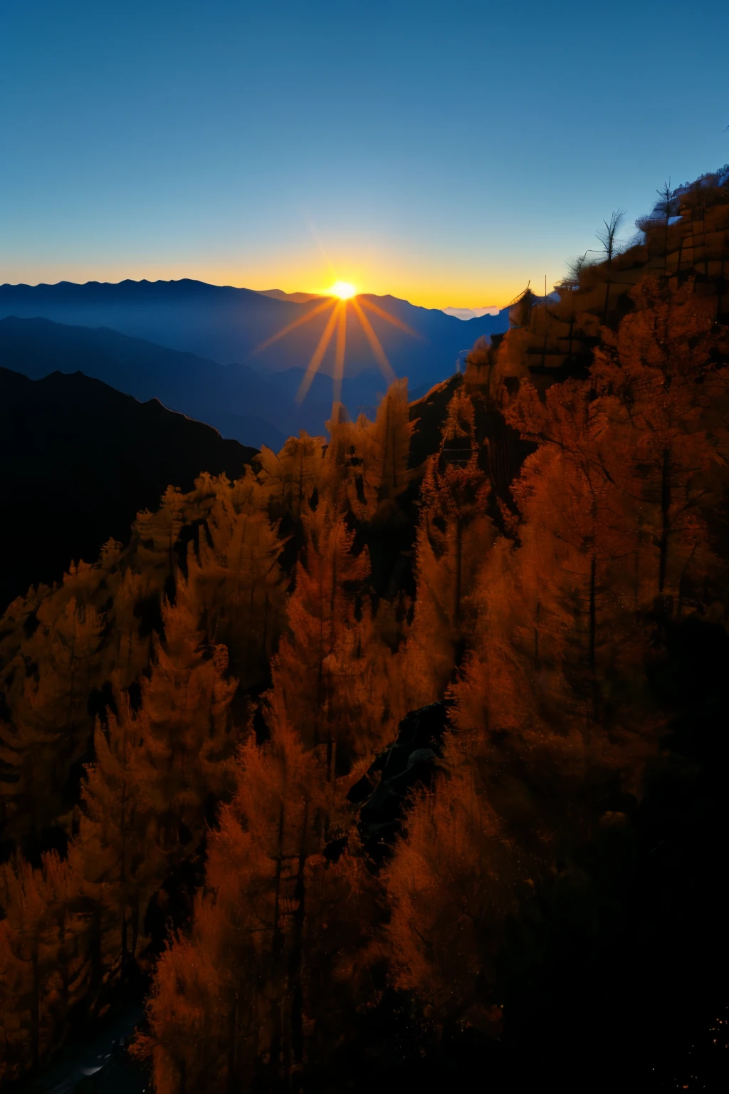 landscape photography，huangshan，blue sky，Baiyun，one person，Standing on the top of the mountain，Look ahead，sunrise，