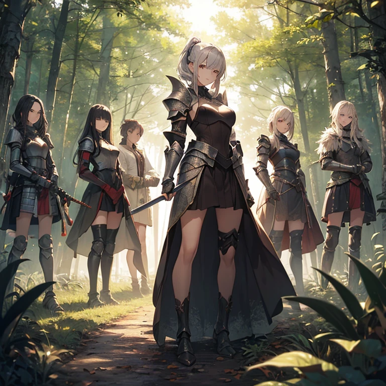 A group of young female knight, (in forest), various hair styles, harem, wearing armored clothes, metal armor, night, details face, , short skirt, seducing, sword,