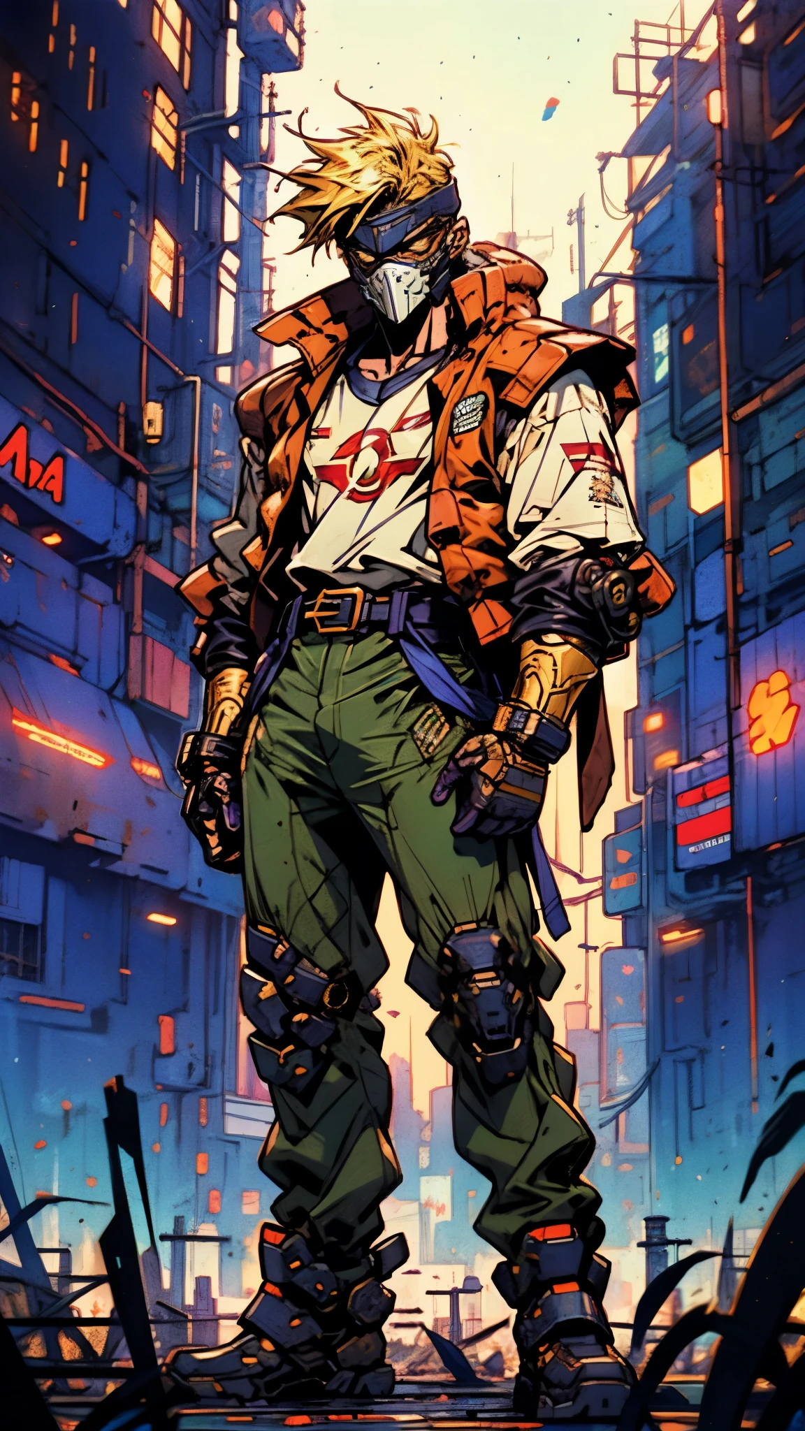 An adult man with tousled and messy dark blonde hair, a metallic beast concept mask covering his entire face, full mask, cold and penetrating gaze, a sturdy physique, a loose cyberpunk-style short jacket over a T-shirt, metal wrist guards, a belt around his waist, loose utility pants, adopting a relaxed posture within the cyberpunk-style city, city night view, this character embodies a finely crafted cyberpunk-style masked warrior in anime style, exquisite and mature manga art style, high definition, best quality, highres, ultra-detailed, ultra-fine painting, extremely delicate, professional, perfect body proportions, golden ratio, anatomically correct, symmetrical face, extremely detailed eyes and face, high quality eyes, creativity, RAW photo, UHD, 32k, Natural light, cinematic lighting, masterpiece-anatomy-perfect, masterpiece:1.5