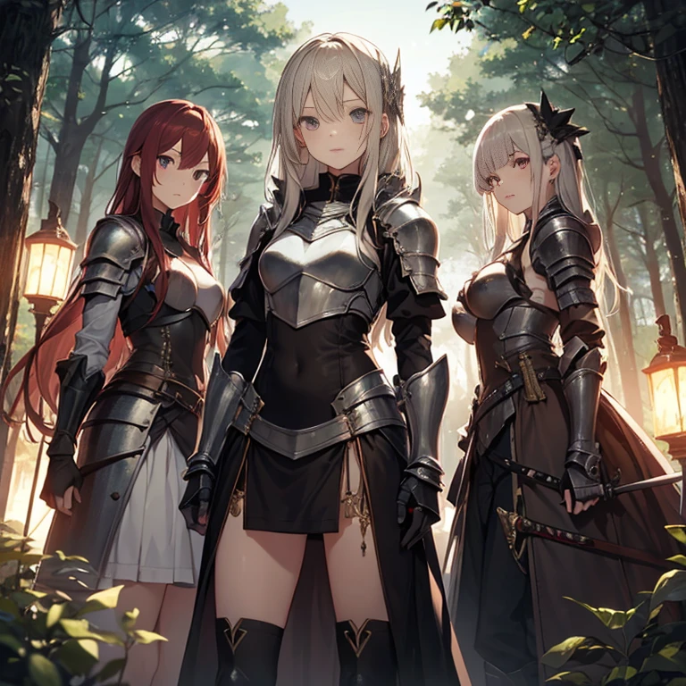 A group of young female knight, (in forest), various hair styles, harem, wearing armored clothes, metal armor, night, details face, , short skirt, seducing, sword,