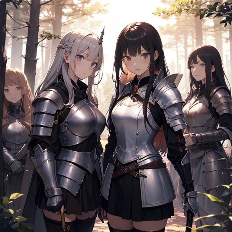 A group of young female knight, (in forest), various hair styles, harem, wearing armored clothes, metal armor, night, details face, , short skirt, seducing, sword,