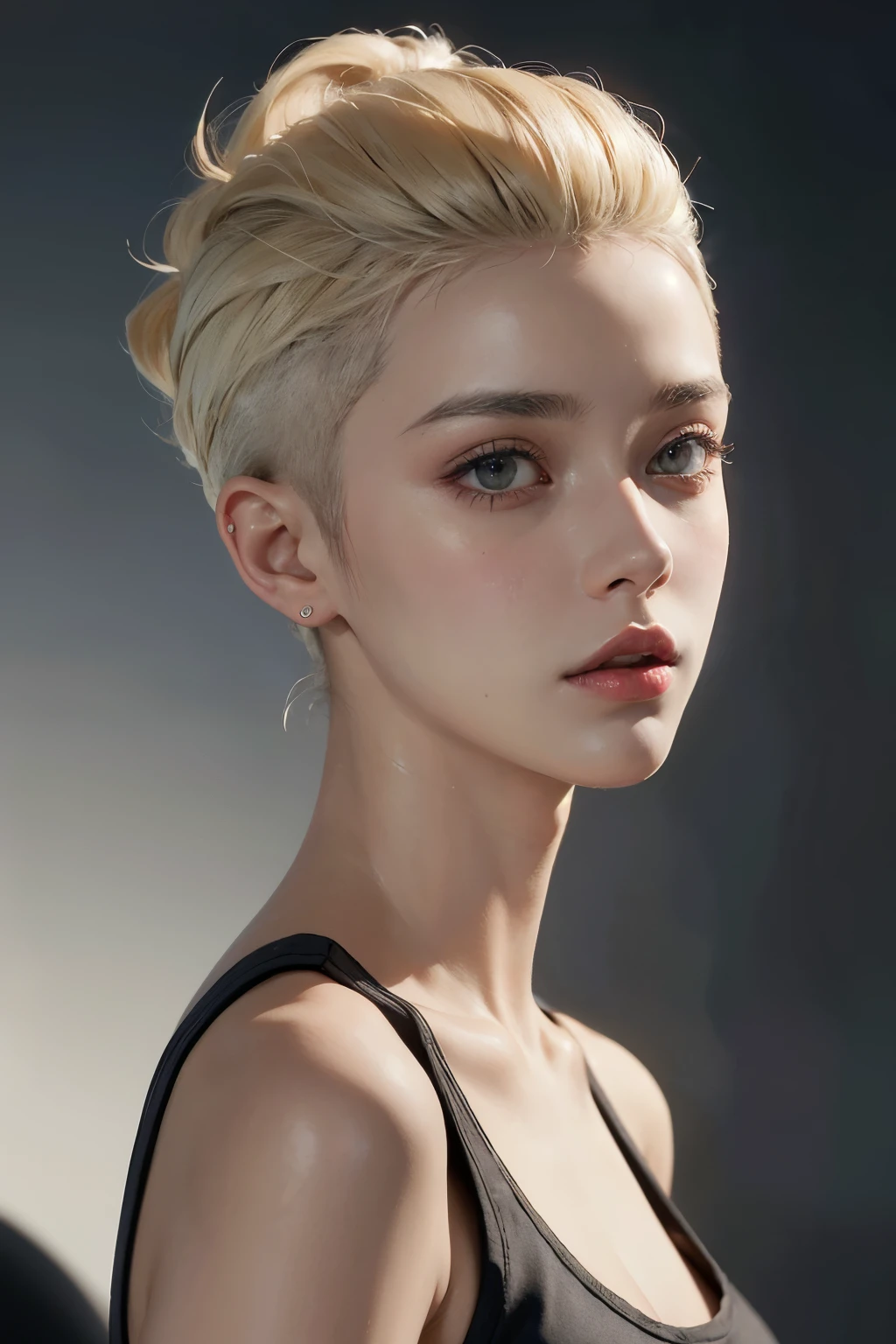 20 year old woman, blonde, (high-top fade:1.3), Dark theme, Soothing tones, muted colors, high contrast, (natural skin texture, hyperrealism, Soft light, spicy)