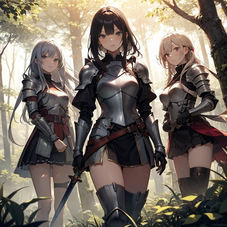 A group of young female knight, (in forest), various hair styles, harem, wearing armored clothes, metal armor, night, details face, , short skirt, seducing, sword,