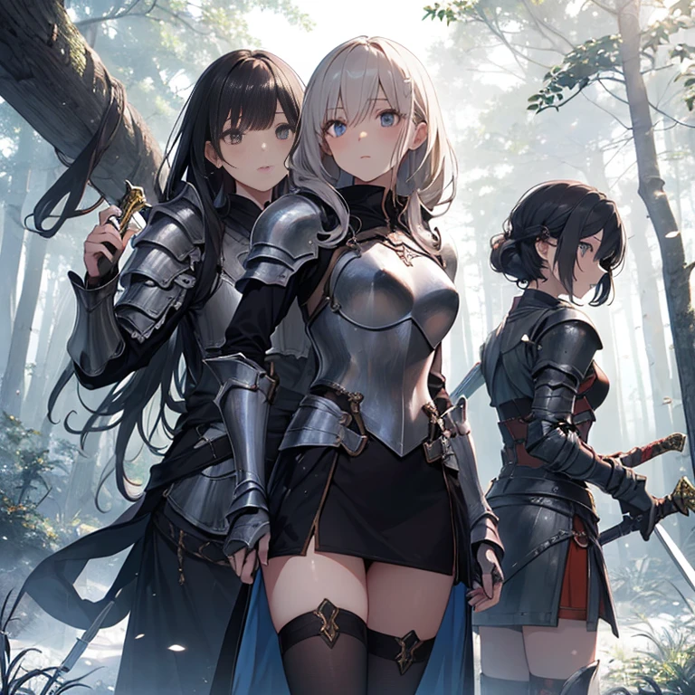 A group of young female knight, (in forest), various hair styles, harem, wearing armored clothes, metal armor, night, details face, , short skirt, seducing, sword,
