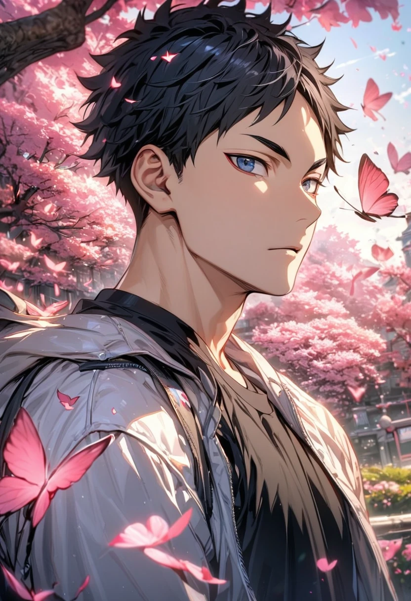 absurdres, highres, ultra detailed, HDR), masterpiece, Akaashi Keiji, vibrant dark blue eyes, black hair, Haikyuu, 1man, handsome, pink water, pink flowers, pink butterflies, white jacket, black T-shirt