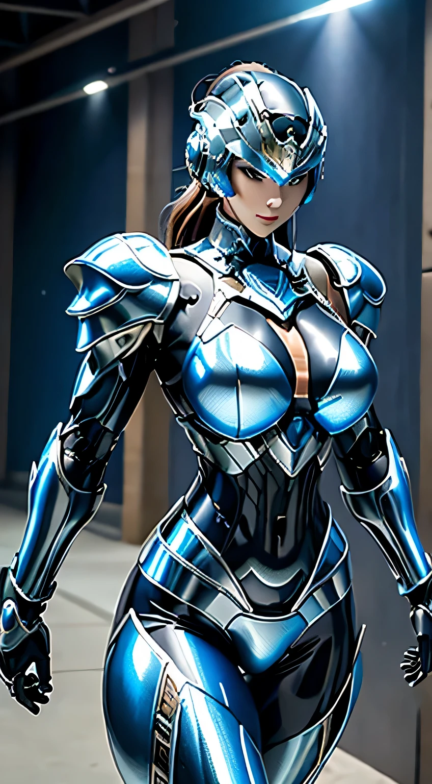 female robocop solo、bright outdoors、strong light source、8K, high quality, masterpiece, 最high quality、very detailed、Armor that completely covers the whole body、very large armor、Helmet covering the head、clear pictures、Eyes hidden by thin straight goggles:1.3、The lower half of the face is raw:1.5、The lower half of the face is exposed、luscious lips、Dark blue and white metallic armor、Armor that completely covers the chest、thin and long legs、Vibrant posel body view,big and full breasts:1.5, (sports body:1.5)、five fingers、photos around town