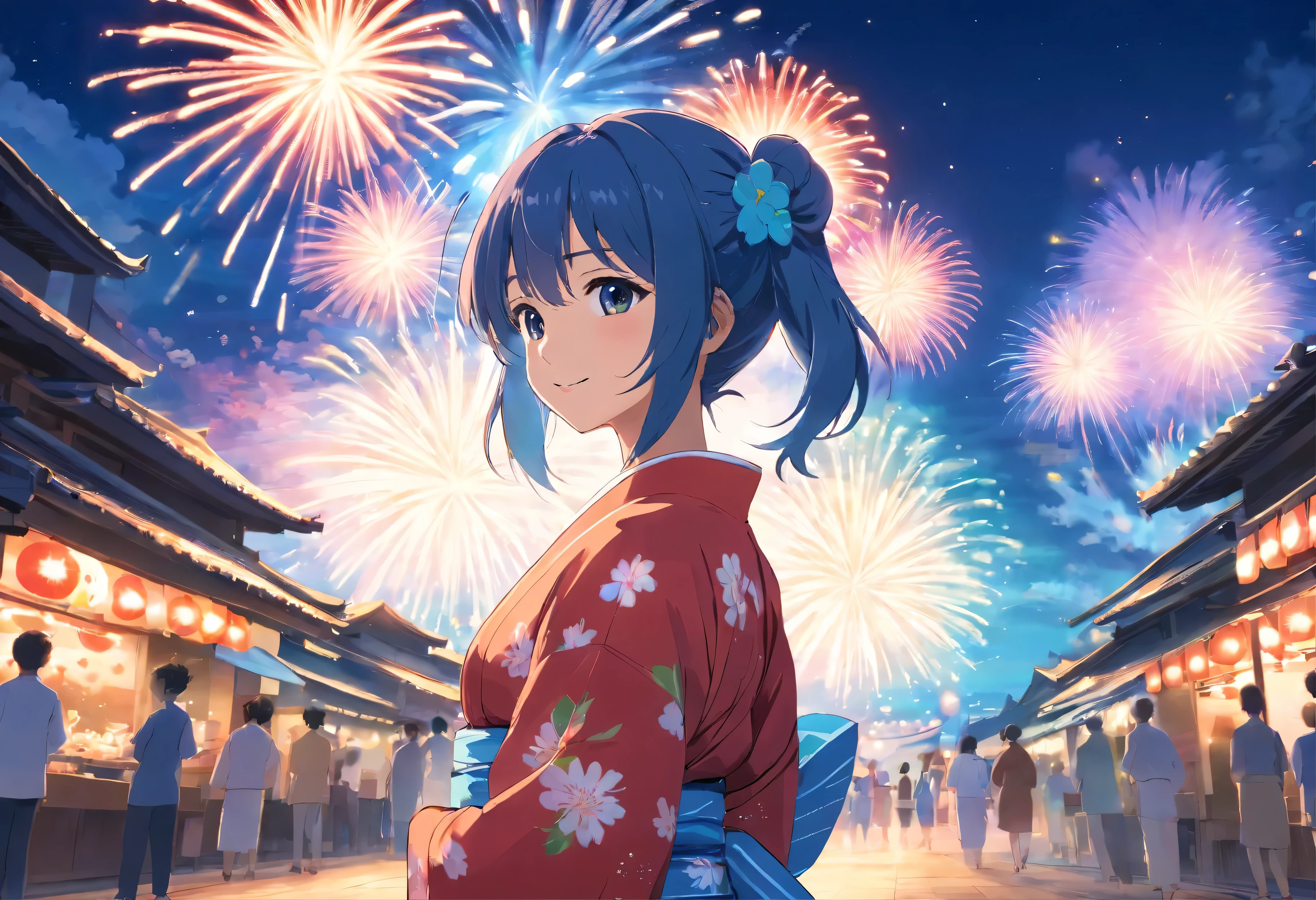 ,Girl in Yukata,light blue long hair、twin tails、Outstanding smile,Summer festival,night,Opening a store,Spirit Stream,Large fireworks,