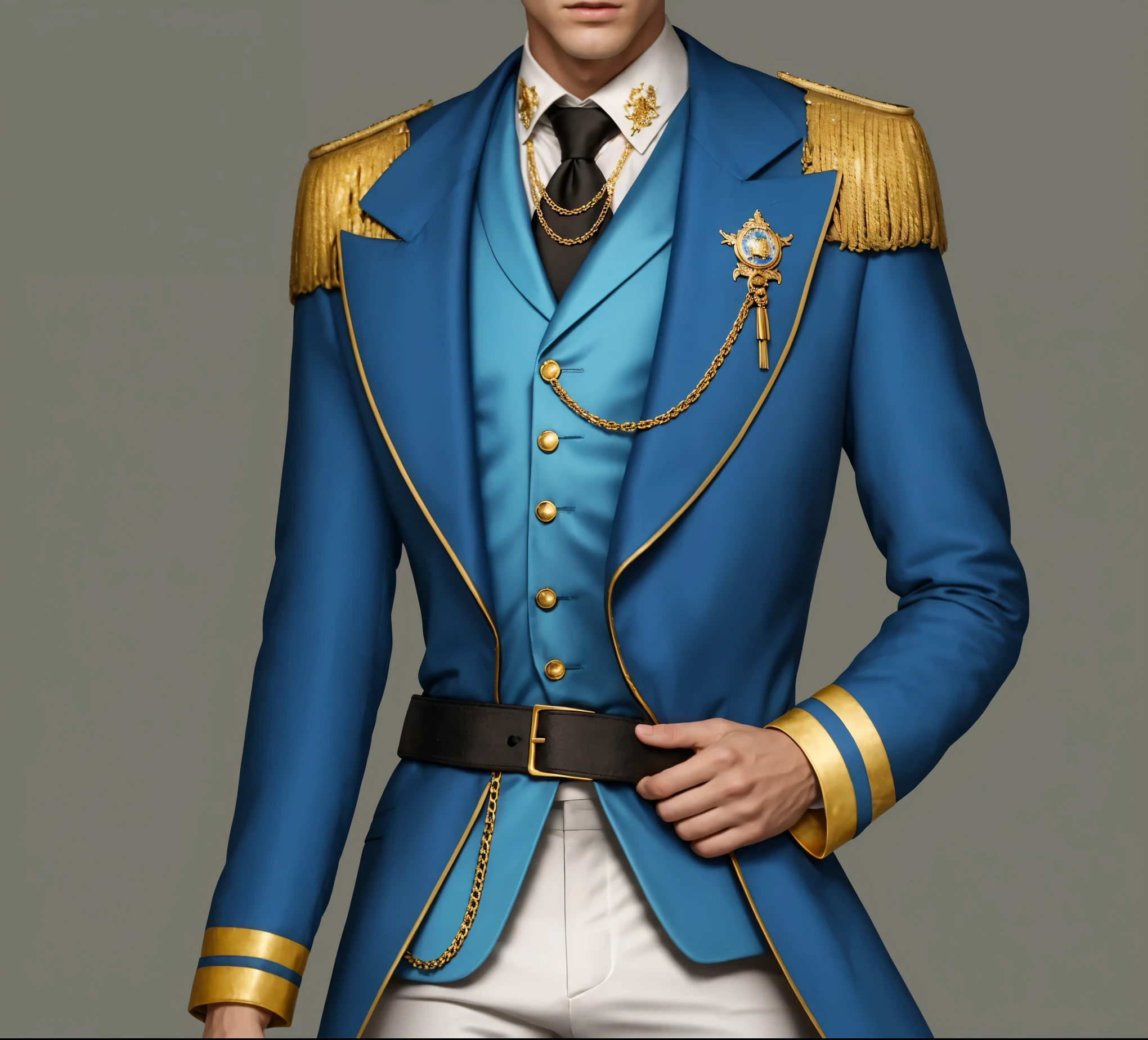 reference sheet: 1.8, great details, high quality, masterful work, Tall Boy, Beautiful face, long pants, art in boots, (masterpiece, A high resolution, high quality: 1.2), complex parts, cinematic lighting, clear focus, depth of field, blue coat, White pants, black shoes with gold toe, Gold Elements, brunette, an aristocrat, White pants
