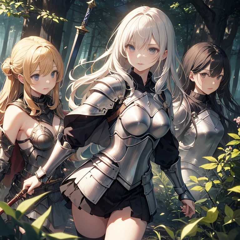 A group of young female knight, (in forest), various hair styles, harem, wearing armored clothes, metal armor, night, details face, , short skirt, seducing, sword, armpits 