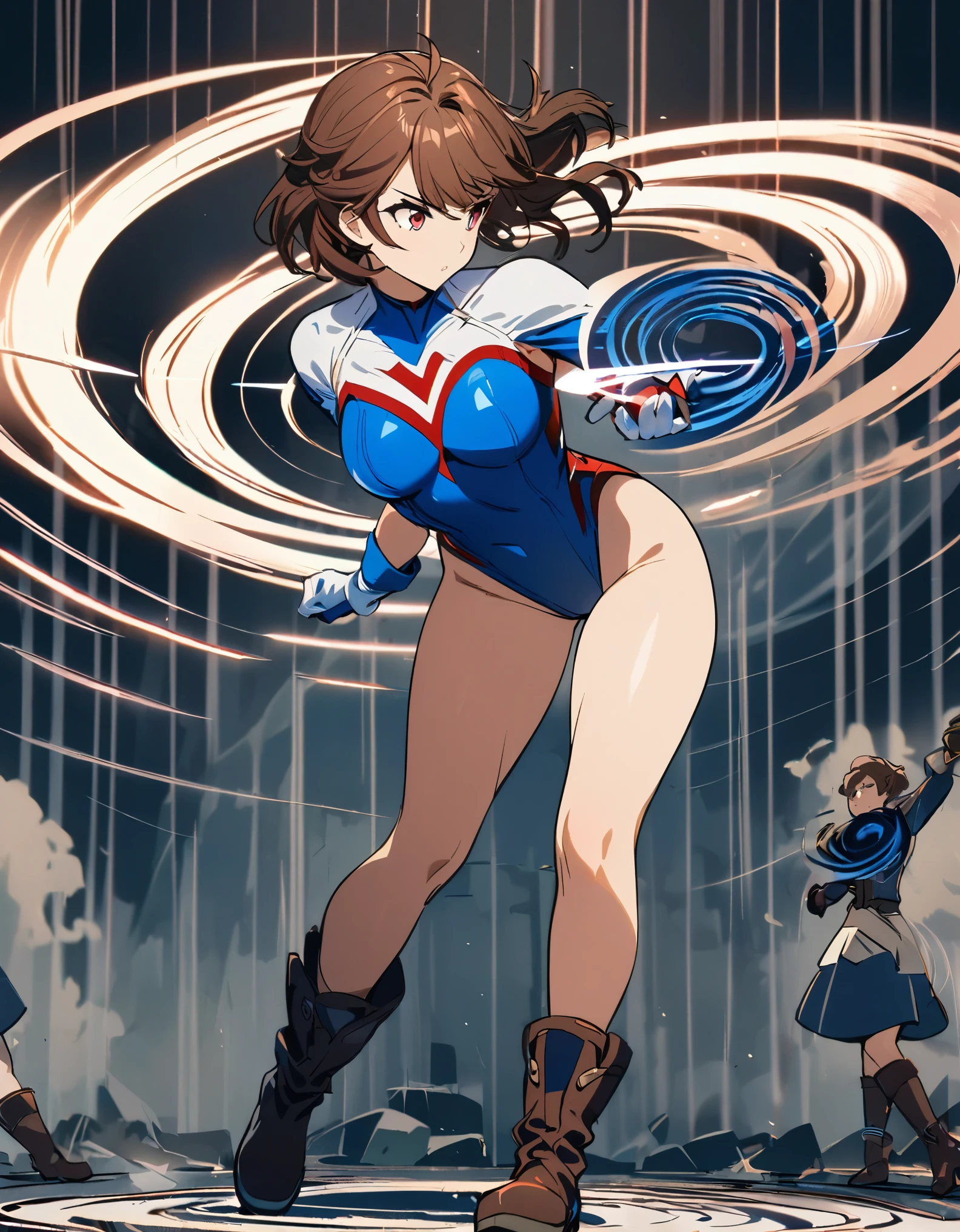 1girl, solo, solo focus, a female superhero spins in place like a tornado, cyclone spinning, medium breasts, standing straight, leotard, red and blue leotard, bare legs, boots, matching boots, gloves, matching gloves, brown hair, spiral lines, full body