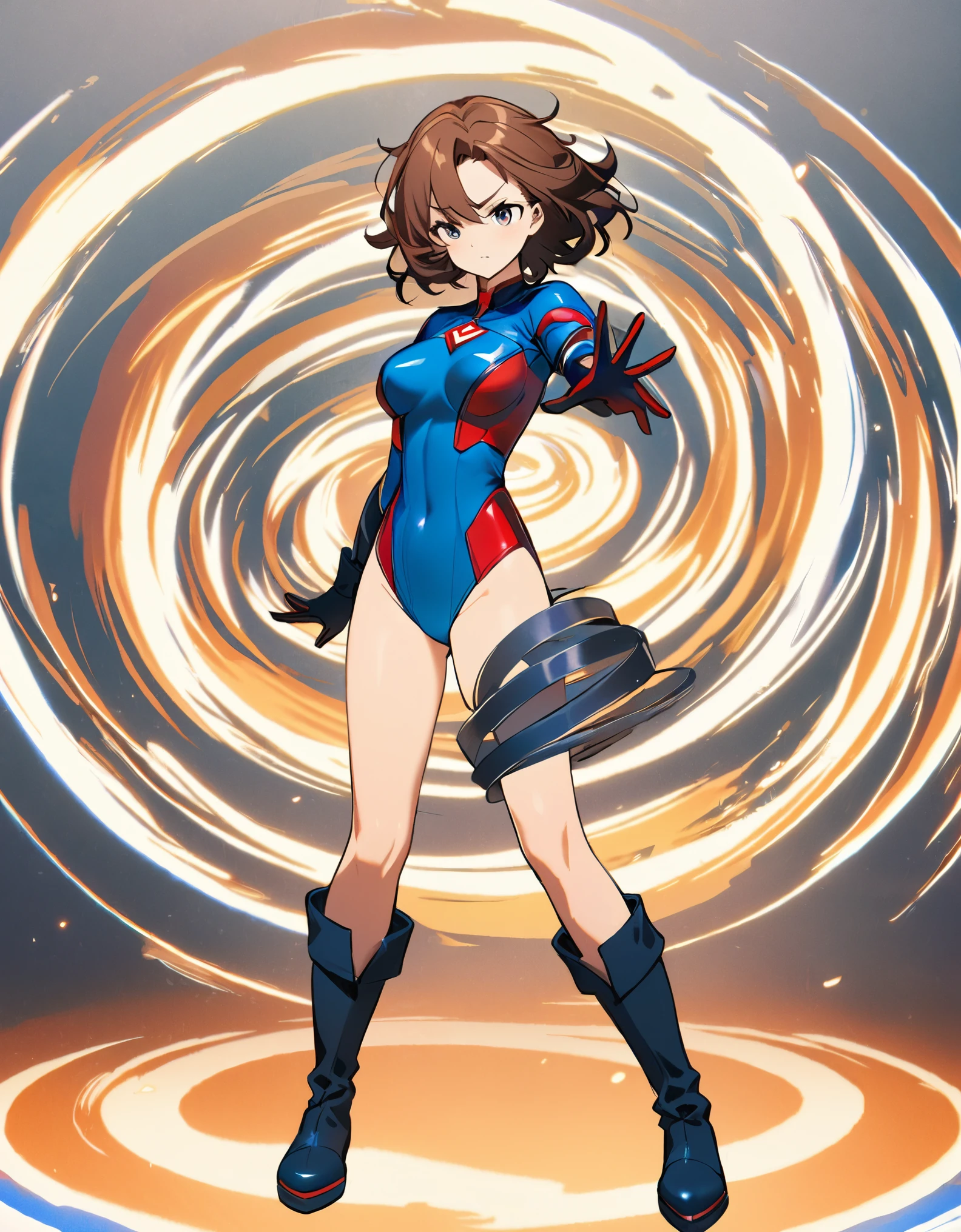 1girl, solo, solo focus, a female superhero spins in place like a tornado, cyclone spinning, medium breasts, standing straight, leotard, red and blue leotard, bare legs, boots, matching boots, gloves, matching gloves, brown hair, spiral lines, full body