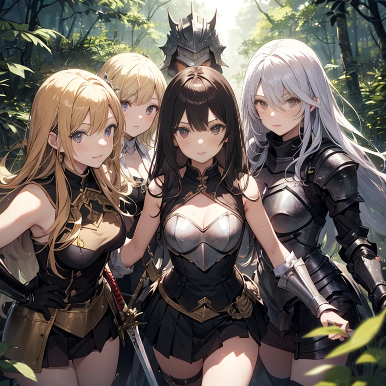 A group of young female knight, (in forest), various hair styles, harem, wearing armored clothes, metal armor, night, details face, , short skirt, seducing, sword, sleeveless , showing armpits
