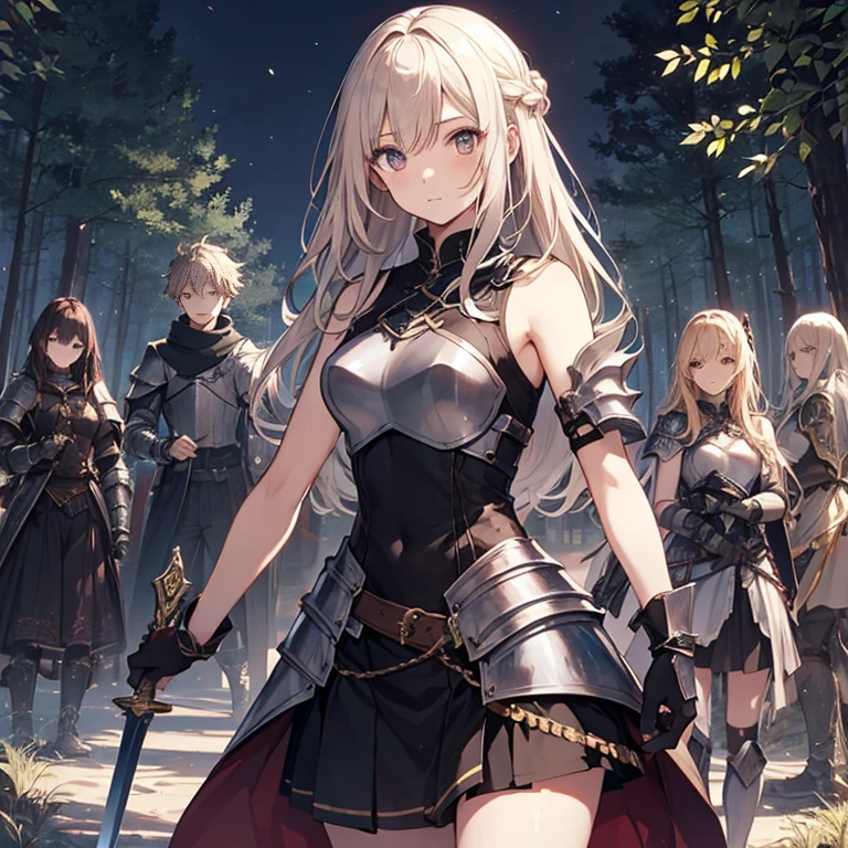 A group of young female knight, (in forest), various hair styles, harem, wearing armored clothes, metal armor, night, details face, , short skirt, seducing, sword, sleeveless , showing armpits 