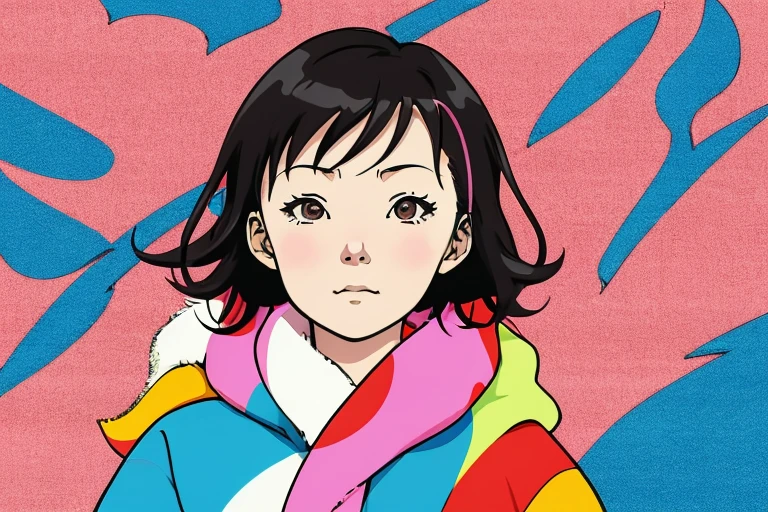 (Chiaki), Professional close-up photo of young woman wrapped in colorful warm quilt, cel shading, bold outline, flat color, sharp shadow, graphic style, (Manga influence:1.3), beautiful line drawing, impressive visuals,comics