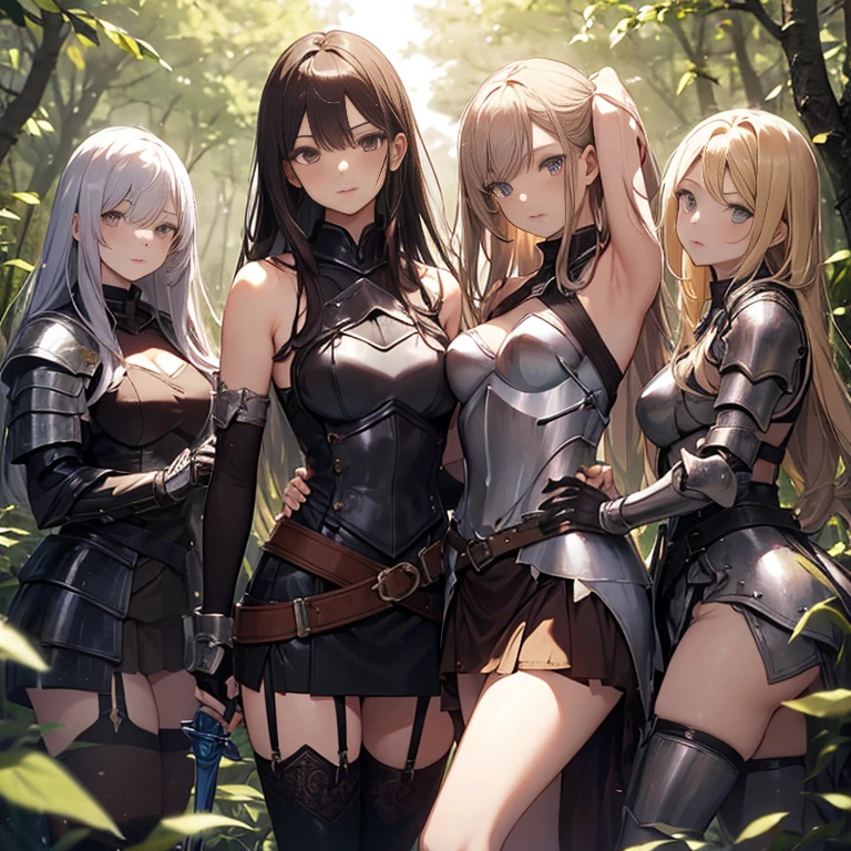 A group of young female knight, (in forest), various hair styles, harem, wearing armored clothes, metal armor, night, details face, , short skirt, seducing, sword, sleeveless , showing armpits