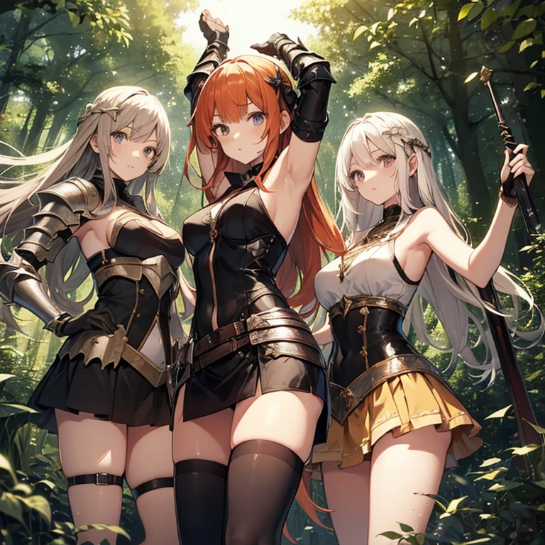 A group of young female knight, (in forest), various hair styles, harem, wearing armored clothes, metal armor, night, details face, , short skirt, seducing, sword, sleeveless , showing armpits 
