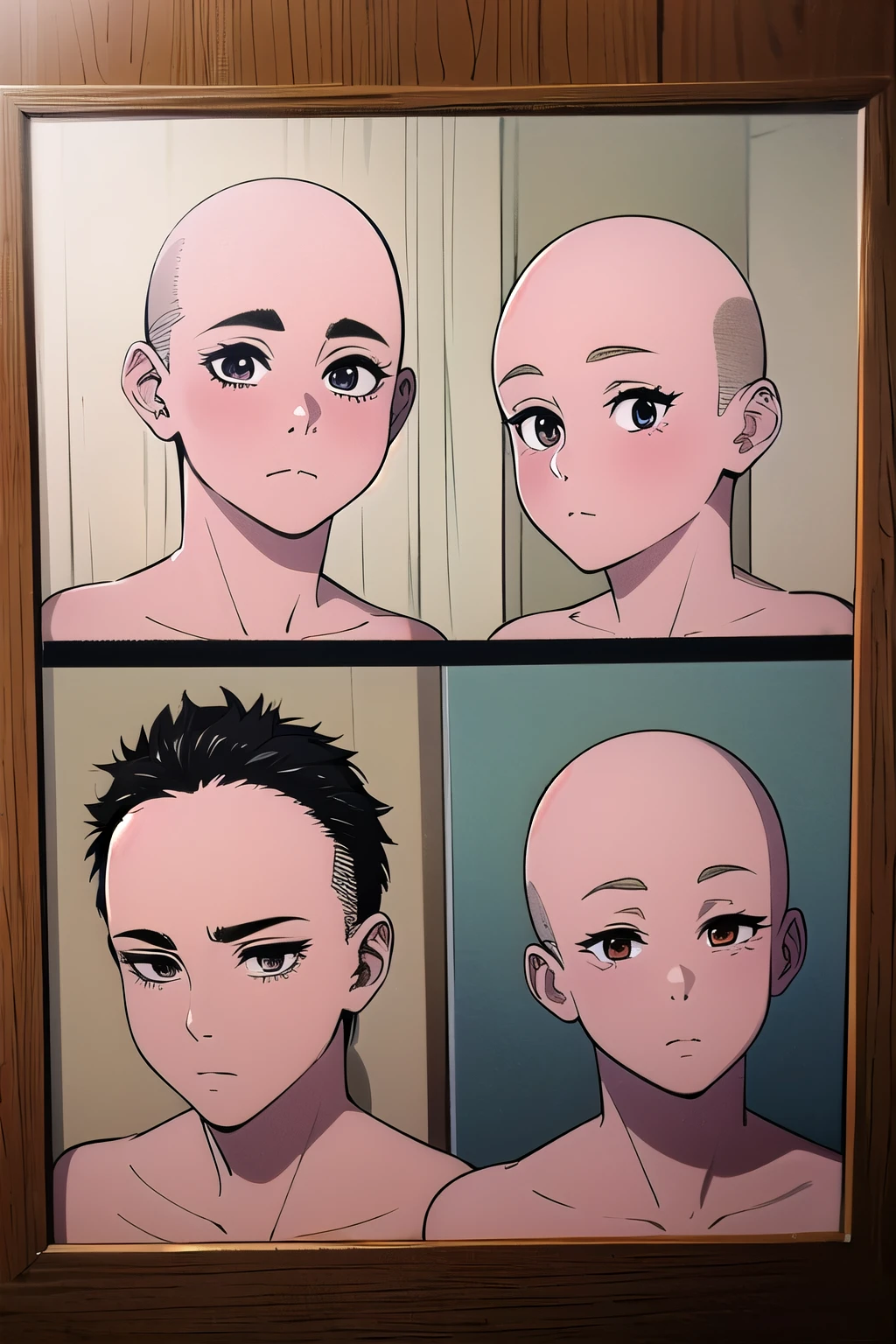 ((Mejor calidad)), ((obra maestra)), (detallado), cara perfecta, chica calva, desnuda, cabeza calva brillante, gorgeous, bald head smooth, wxtreme bald smooth, no hair no hair, less hair, bald smooth, perfect head bald smooth, no hair, girl, bald smooth