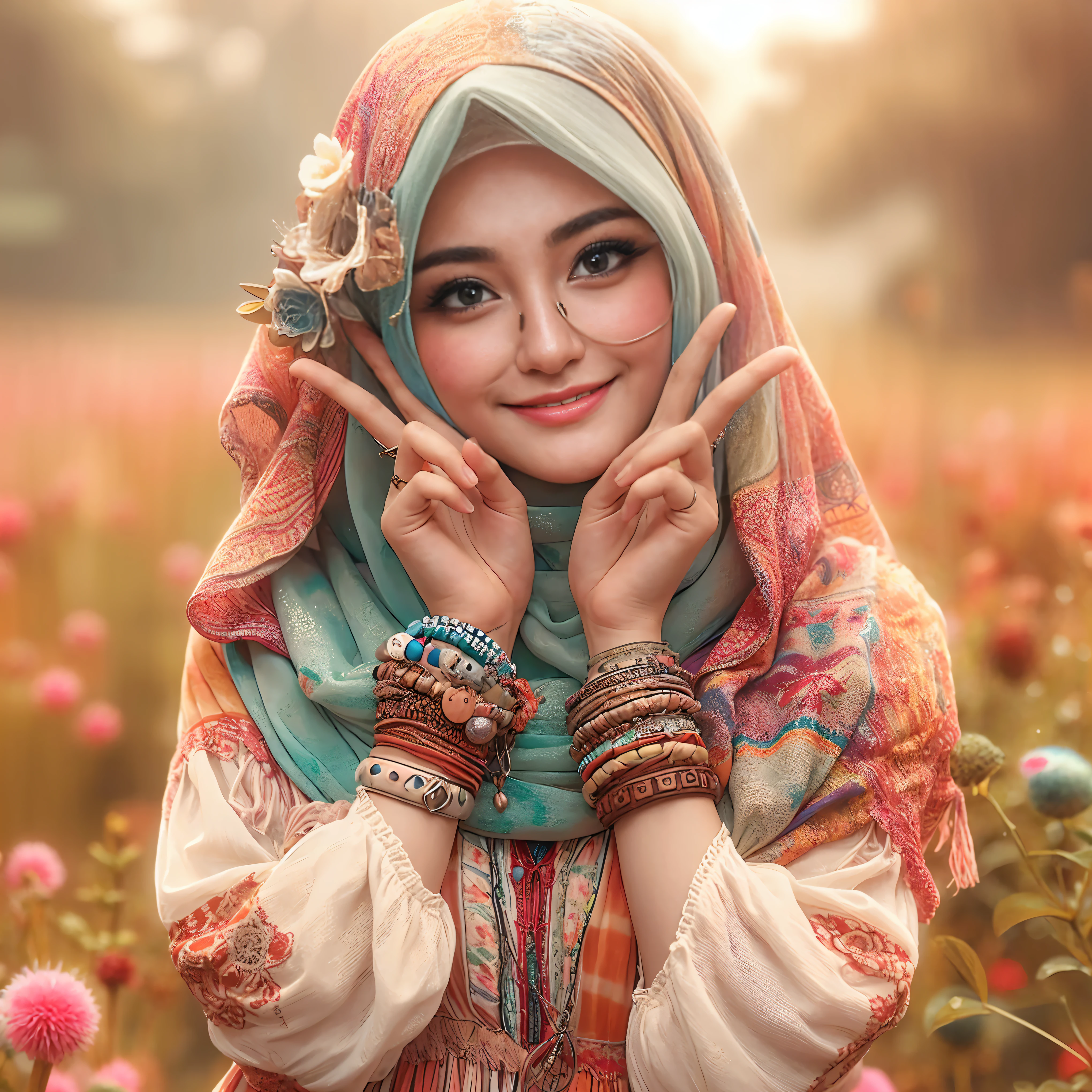 arafed woman in a colorful hijab poses for a picture, cute woman, beautiful portrait photo, beautiful woman, portrait shot, with beautiful colors, beautiful portrait image, beautiful oriental woman, very beautiful photo, by Rudy Siswanto, cute beautiful, beautiful digital artwork, hippie girl, very beautiful portrait, very beautiful girl, wonderful, beautiful portrait