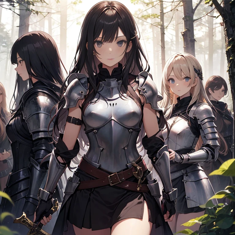 A group of young female knight, (in forest), various hair styles, harem, wearing armored clothes, metal armor, night, details face, , short skirt, seducing, sword, sleeveless , showing armpits
