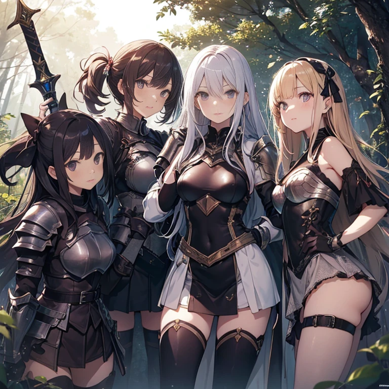 A group of young female knight, (in forest), various hair styles, harem, wearing armored clothes, metal armor, night, details face, , short skirt, seducing, sword, sleeveless , showing armpits 