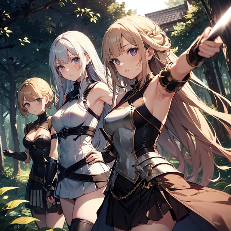 A group of young female knight, (in forest), various hair styles, harem, wearing armored clothes, metal armor, night, details face, , short skirt, seducing, sword, sleeveless , showing armpits 