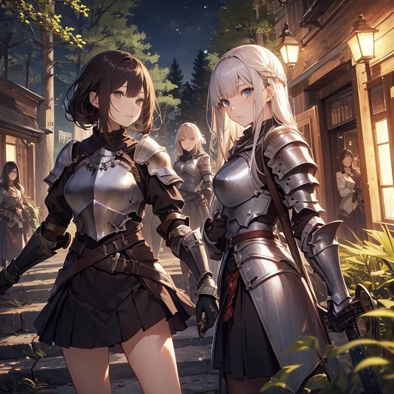 A group of young female knight, (in forest), various hair styles, harem, wearing armored clothes, metal armor, night, details face, , short skirt, seducing, sword,