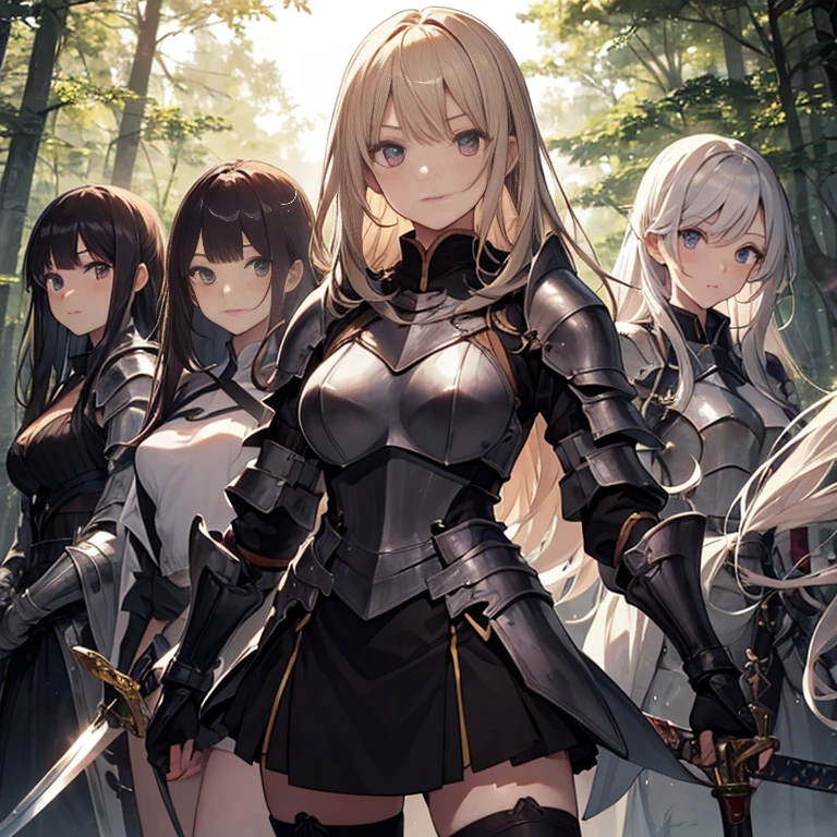 A group of young female knight, (in forest), various hair styles, harem, wearing armored clothes, metal armor, night, details face, , short skirt, seducing, sword,