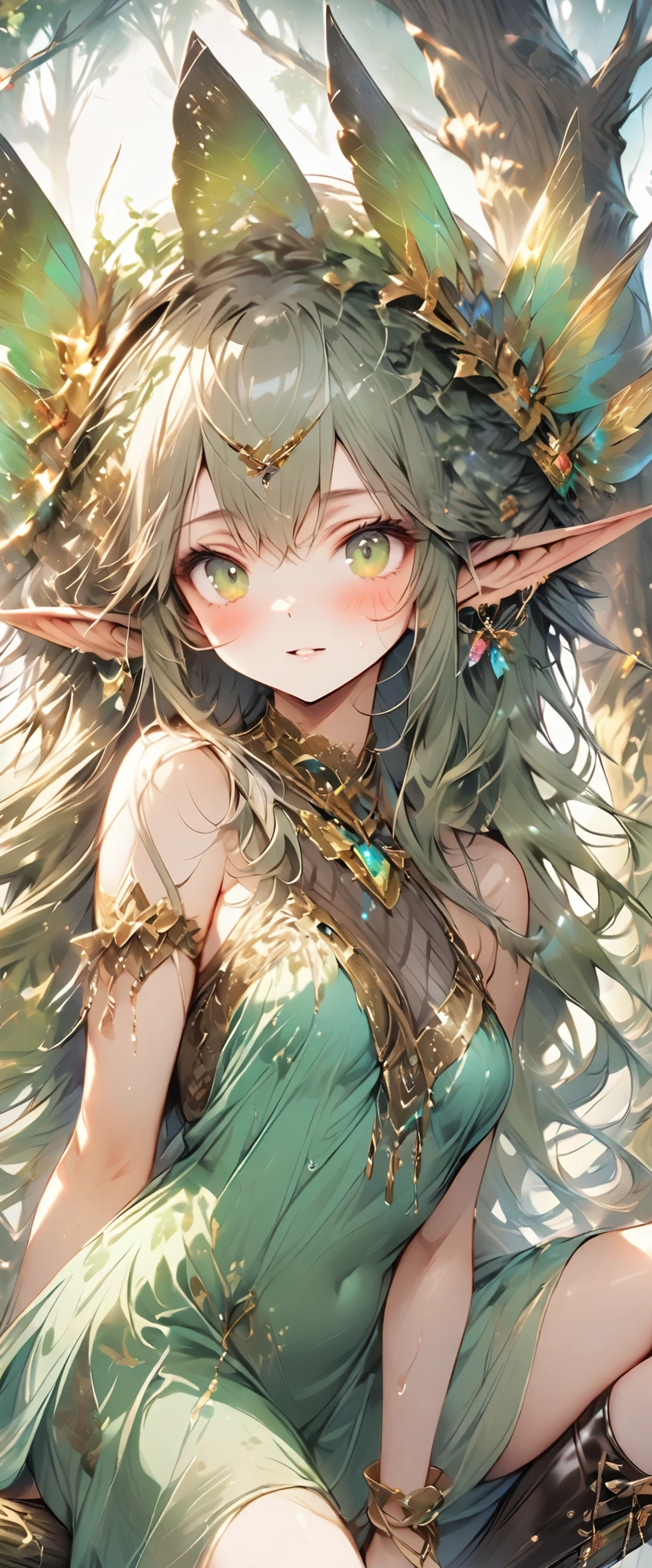 ((masterpiece)), ((best quality)), ((high resolution)), ((Extremely detailed CG unified 8k wallpaper)), ((on a tree branch in the deep forest:1.3)), ((Elven woman cartoon character, Pointed elf ears, wavy blonde hair, green eyes, Bare Skin:1.2)), cowboy shot, skin is wet and shiny, Wearing a flowing minidress and leather armor with gold decorations, Long leather boots, ((tilts head, View from the front:1.2)), ((squat with legs apart)), 