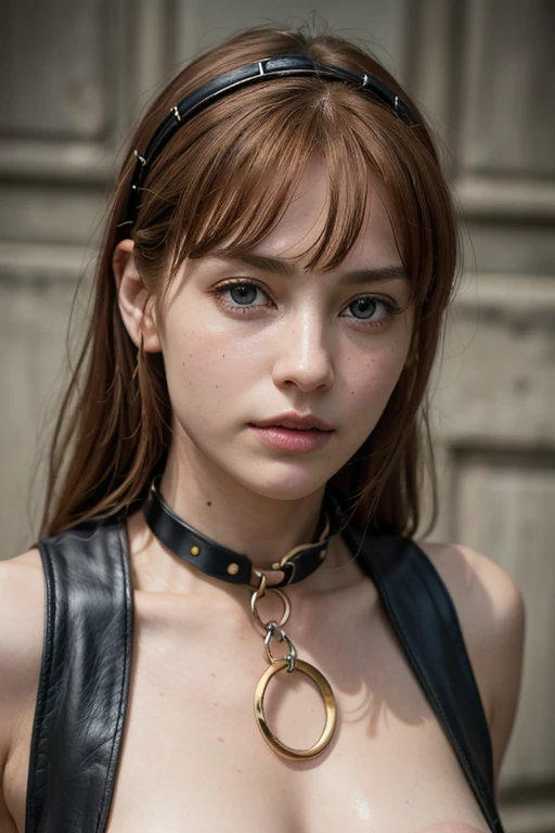 masterpiece、(((reality photograph)))、NSFW, super high quality、crystal clear、RAW UHD format、droopy eyes、high resolution glowing eyes、Feminine body shape, redhead, highest quality, shirt, close, realistic skin texture, upper body portrait, street wall background, photograph shoot, detailed facial features, Film grain texture and high contrast, Very high resolution details, photograph's, realistic, 超realistic, HDR, masterpiece.、(((She is wearing a dog leather collar and is chained.、because I'My slave)))、