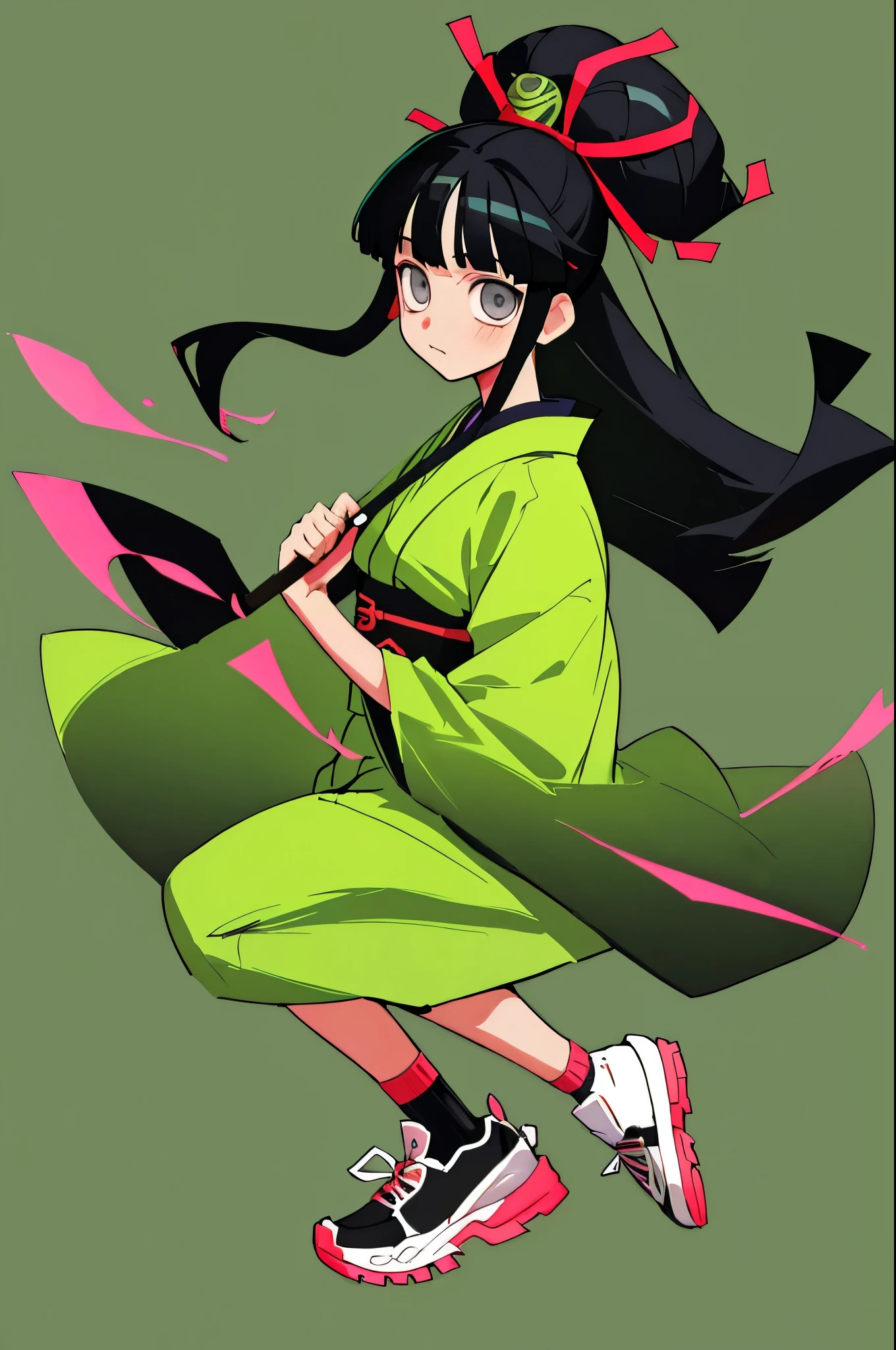 (best quality, masterpiece), 1girl, kimetsu no yaiba, masterpiece, best quality, 1girl, (solo:1.5) , black hair, blunt bangs, long straight hair, grey eyes, kimono, sneakers. simple background illustration, simple background, good composition