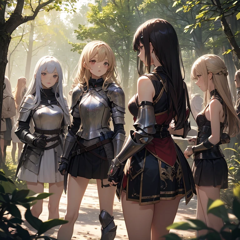 A group of young female knight, (in forest), various hair styles, harem, wearing armored clothes, metal armor, night, details face, , short skirt, seducing, sword, sleeveless , showing armpits 