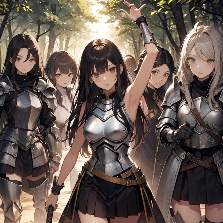 A group of young female knight, (in forest), various hair styles, harem, wearing armored clothes, metal armor, night, details face, , short skirt, seducing, sword, sleeveless , showing armpits 