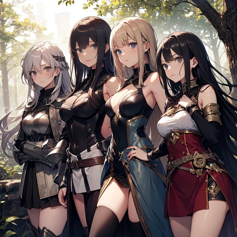 A group of young female knight, (in forest), various hair styles, harem, wearing armored clothes, metal armor, night, details face, , short skirt, seducing, sword, sleeveless , showing armpits 