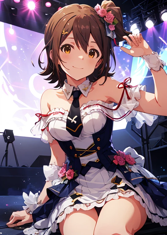 Mirai Kasuga (million live), (highest quality, 8K, masterpiece, Super detailed:1.2), (Lens flare, particles of light, shine), big breasts, smile, open your mouth, masterpiece, highest quality, Super detailed, High resolution, Very detailed CG, official art, idol costume, pink tie,white skirt, off shoulder, stage, sexy, panty shot, M-shaped spread legs, spread your legs and stretch,Panties that dig into the crotch