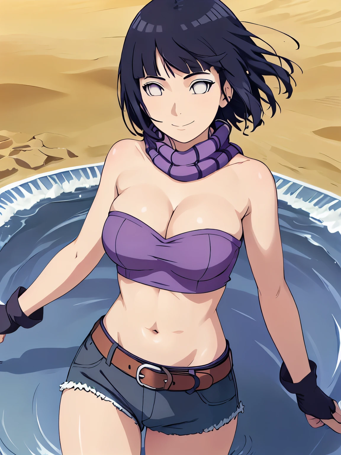 (hinata\(boruto\), (high quality, anime, tall), ((mini purple Bandeau top, tight purple Bandeau top)), ((fingerless gloves, blue shorts with belt, black scarf)), (stretching, both arms down, (both armpits in full glory, two armpit line), curvy body, extremely slim waist, off-shoulders, big breasts, cleavage, groin lines, little biceps, smile, closed mouth), (posing in photoshoot), pale skin, ((floating hair, dark blue, short hair, hime cut، loose hair), (location: very hot desert)