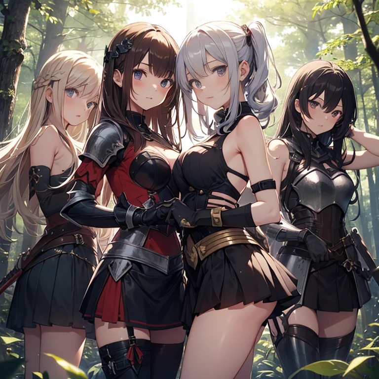 A group of young female knight, (in forest), various hair styles, harem, wearing armored clothes, metal armor, night, details face, , short skirt, seducing, sword, sleeveless , showing armpits