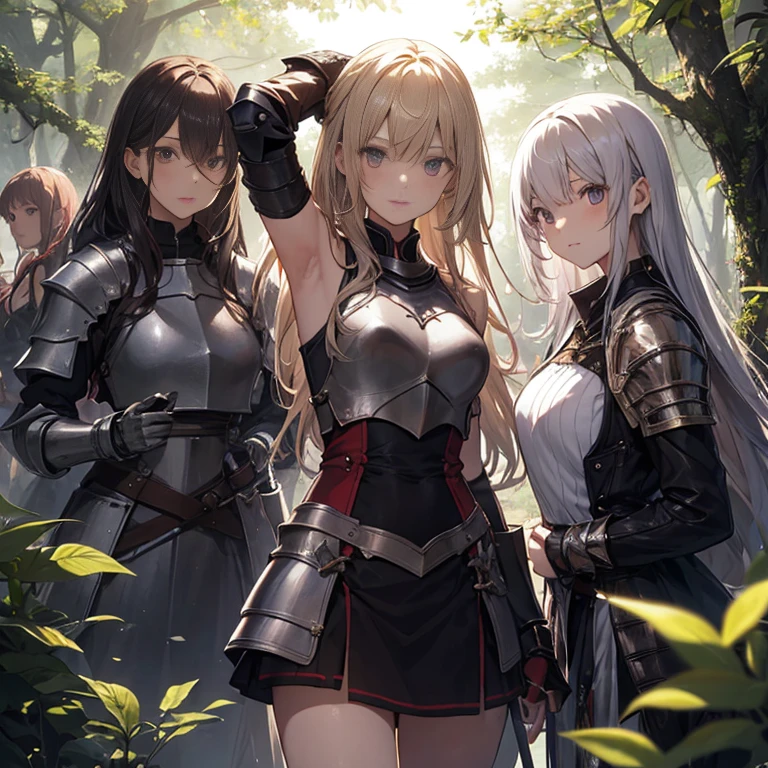 A group of young female knight, (in forest), various hair styles, harem, wearing armored clothes, metal armor, night, details face, , short skirt, seducing, sword, sleeveless , showing armpits 